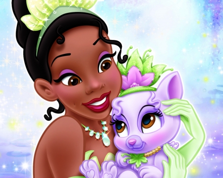 Tiana and Lily - princess, cat, girl, palace pets, purple, lily, green, disney, animal, tiana, cute