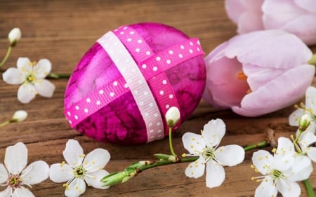 Happy Easter! - flower, pink, spring, egg, wood, easter, white, card, tulip