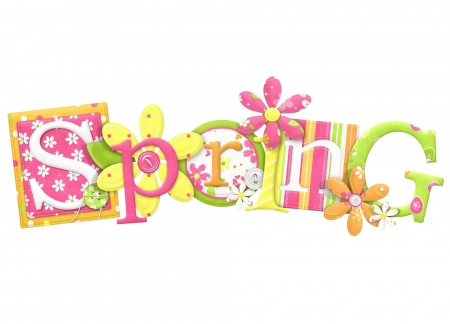 Spring - yellow, green, word, spring, card, flower, pink