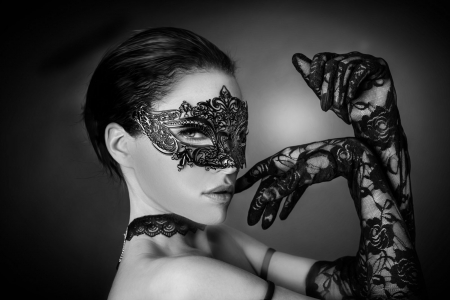 Like a cat - woman, joachim bergauer, beauty, girl, mask, bw, gloves, black, model, white, lace