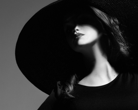 Hiding just a little - black, joachim bergauer, model, bw, girl, white, hat, lips, woman