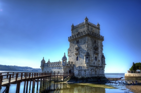 Santa Maria de Belem, Lisbon, Portugal - water, coast, sunshine, seaside, church, bridge