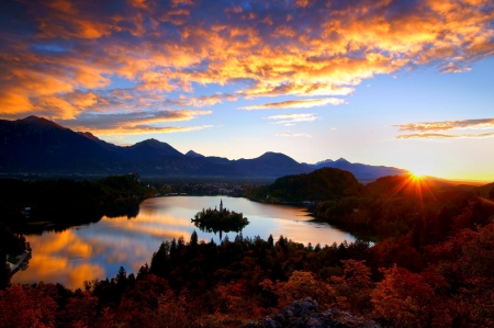 Lake Bled - sky, mountains, water, clouds, island, slovenia, sunshine, autumn