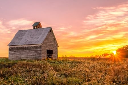 Colorful Sunset - sky, shed, clouds, field, sun