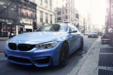 BMW - fast, houses, street, car, blue, bmw