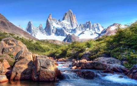 mountain landscape - rock, mountain, grass, creek