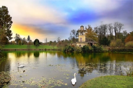 Park Lake - sky, reflection, clouds, water, colors, tower