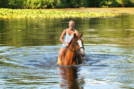 Riding The River........ - women, fun, female, water, models, western, girls, cowgirls, style, river, horses, blondes, Tella Nagy, lakes