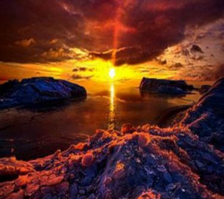 Dazzling Sunset - sky, rocks, reflection, clouds, sunset, nature