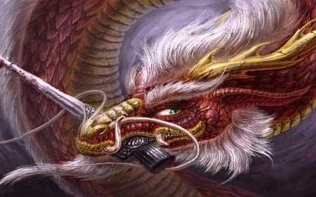 Dragon - white, red, sword, fantasy, yellow, dragon, luminos, art