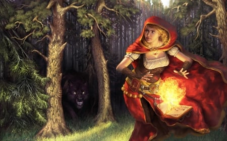 Red Riding Hood - girl, forest, light, fantasy, green, red riding hood, woman, art, luminos