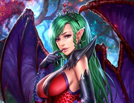 Evelyn - red, evelyn, demon, purple, beauty, succubus, girl, frumusete, blue, art, wings, fantasy, bat, luminos, woman, green