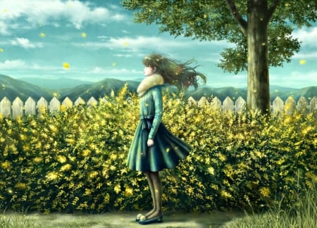 Waiting - realistic, fence, girl, kazami ehoh, art, yellow, luminos, blue, green, anime, tree, manga, flower