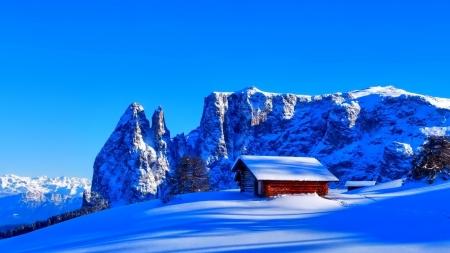 log cabin on mountain in winter hdr - winter, mountain, cabin, blue, hdr, snow, logs