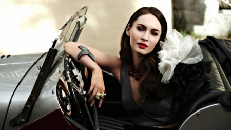 Megan Fox - Megan Fox, girl, actress, black, lips, retro, white, car, vintage, red, woman