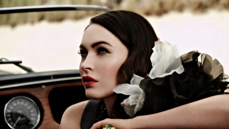 Megan Fox - Megan Fox, girl, actress, black, lips, white, car, red, woman