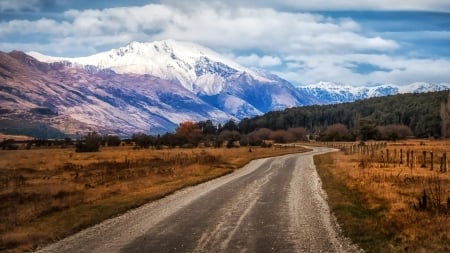 country road to glenorchy mountain in new zealand - fall, mountains, road, clouds, fields