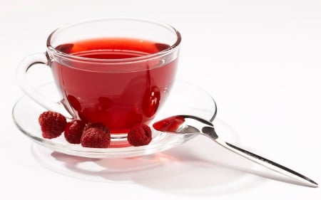 raspberry tea - spoon, raspberry, tea, saucer, cup