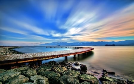 Beautiful Sunset - nature, lake, pier, landscape, clouds, sunset, rocks