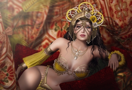 The Queen - beauty, woman, rendering, girl, jewel, frumusete, fantasy, queen, game, yellow, red, luminos