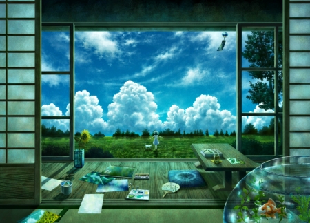 Time out - sky, girl, kazami ehoh, cloud, luminos, blue, interior, green, anime, fish, manga