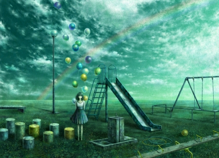 In the park - anime, realistic, yellow, balloon, girl, kazami ehoh, manga, rainbow, green, cloud, luminos, sky, park