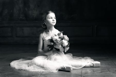 Little ballerina - flower, child, copil, black, bw, girl, ballerina, white, little