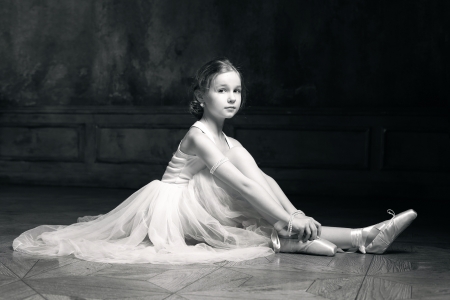 Little ballerina - white, girl, child, copil, bw, ballerina, black, little