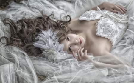 Bride - oriental, bride, white, woman, model, girl, feather, asian