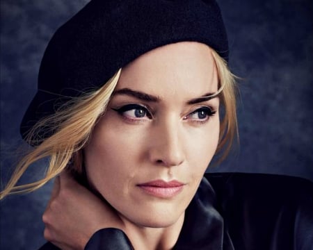 Kate Winslet - woman, face, actress, girl, hat, blue, kate winslet, black