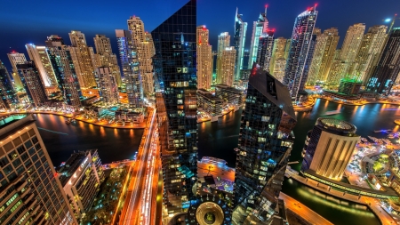 dubai inner harbor skyscape at night hdr - lights, skyscrapers, city, bridge, harbor, night