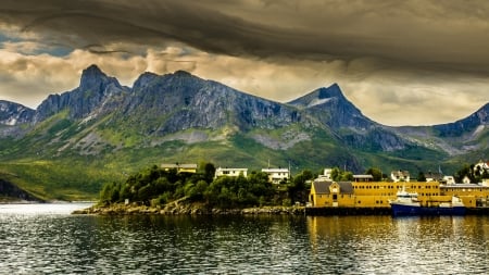 island bay town in norway - mountains, town, clouds, island, boat, bay