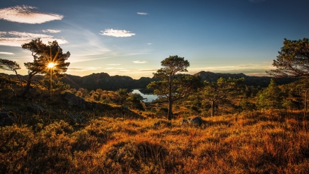 wonderful autumn sunset in norway hdr - lake, trees, sunset, hdr, autumn, grass