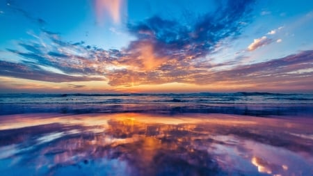 beautiful colored sunset reflected on beach - reflections, beach, clouds, colors, sunset, sea, waves