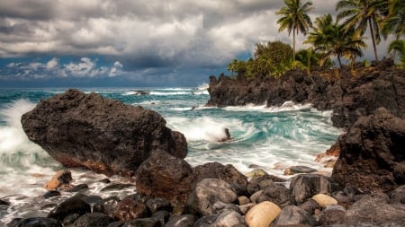 wild volcanic coast in hawaii - surf, rocks, clouds, coast, trees, sea, waves