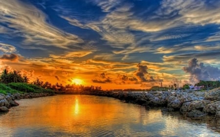 glorious orange sunset - cloud, sky, sunset, river