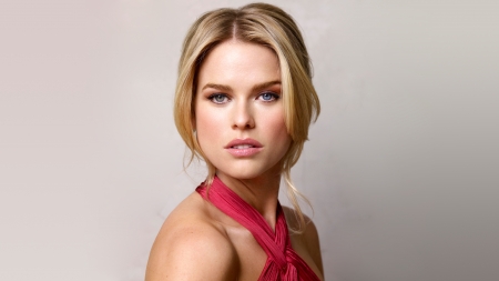 Alice Eve - gray background, halter top, blondes, close up, actress, alice eve