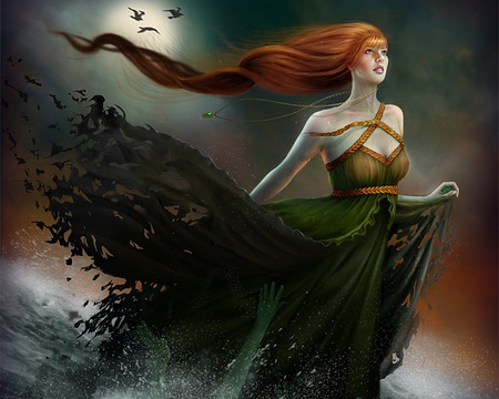 Escape from the marsh - red hair, hands, wind, green locket