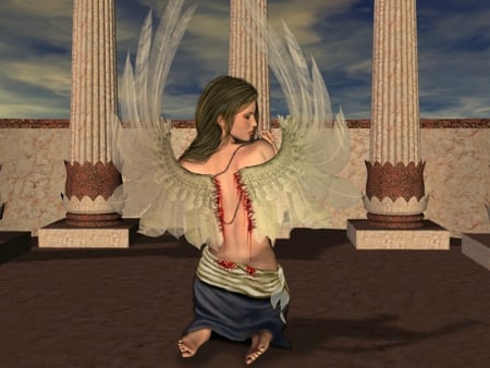 I Always Wanted to be an Angel - woman, attach, pillars, wings, blood, sewing