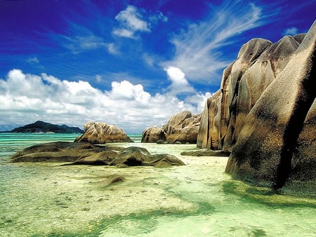 Seychelles Islands - clouds, island, sea, ocean, rocks