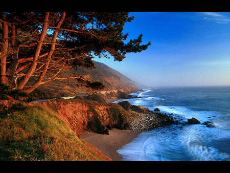 Big Sur - trees, coast, ocean waves, sand, rocks