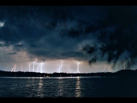 Night Storm  - lightning strikes, night, stormy sky, lake