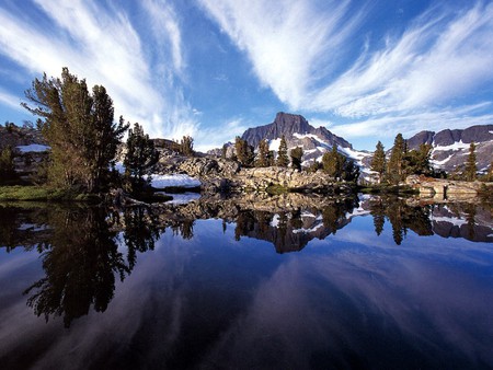 Mount Ritter, Thousand Island Lake - lake, trees, reflection, snow, mount ritter