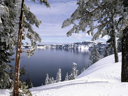 Crater Lake National Park - national park, trees, winter, snow, lake