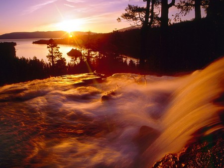 Eagle Creek and Emerald Bay at Sunrise - sunrise, waterfall, bay, creek