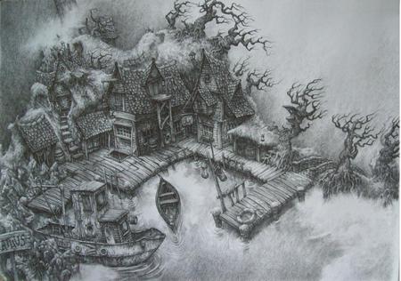 Harbor (pencil drawing) - sketch, pencil drawing, athus, harbor, black and white