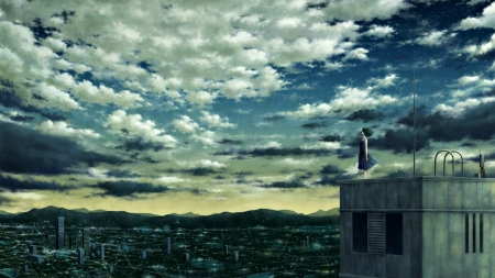 Sunset - anime, blue, girl, kazami ehoh, city, manga, cloud, luminos, sky, building