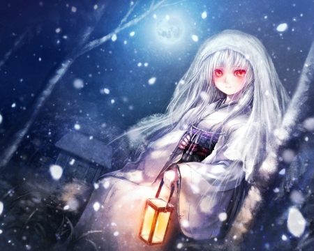 Winter night - winter, anime, misaki, girl, luna, blue, manga, red eyes, lantern, fantasy, full moon, luminos, snow