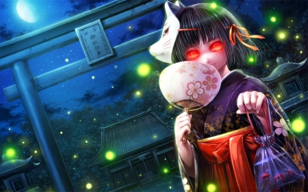 Rumia - anime, blue, night, mask, red, rumia, luminos, moon, misaki, girl, fan, kimono, red eyes, manga, fantasy, green, fish