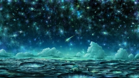 Beautiful sky - realistic, lake, sky, stars, dino, girl, kazami ehoh, comet, cloud, reflection, luminos, anime, fallen, manga